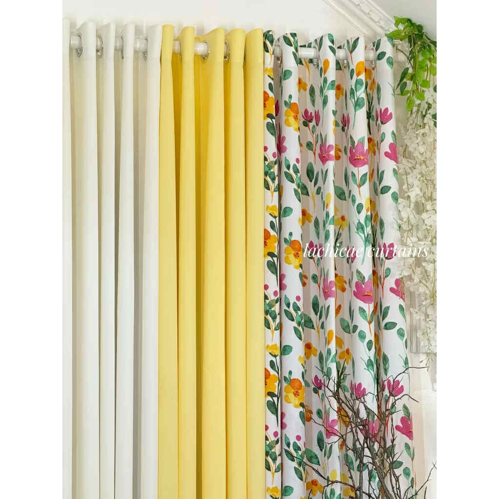 NON BLOCKOUT Bloom Floral Print + Egg Yellow Plain Soft Fresh Modern Home Window 10 Ring Curtains
