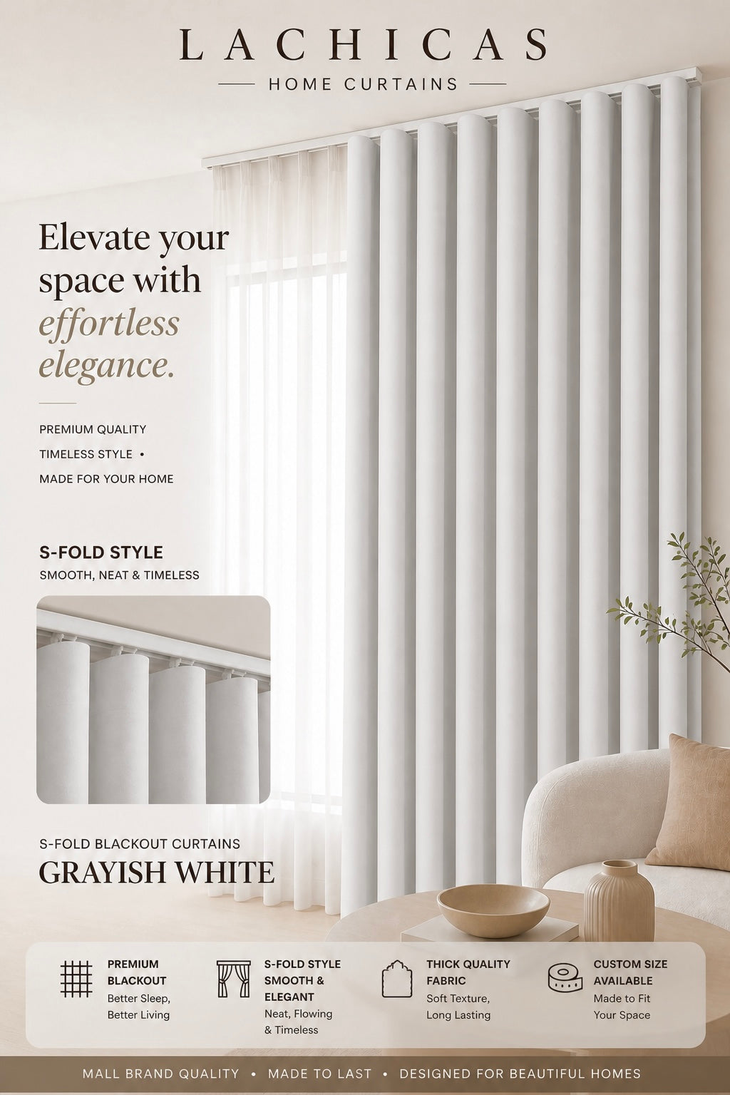 Premium S-Fold Button Type Blackout Curtains | Custom Size 6FT–10FT | Hotel Look Drapes | Thick Fabric | Living Room Bedroom Curtain | Lachicas Home Curtains