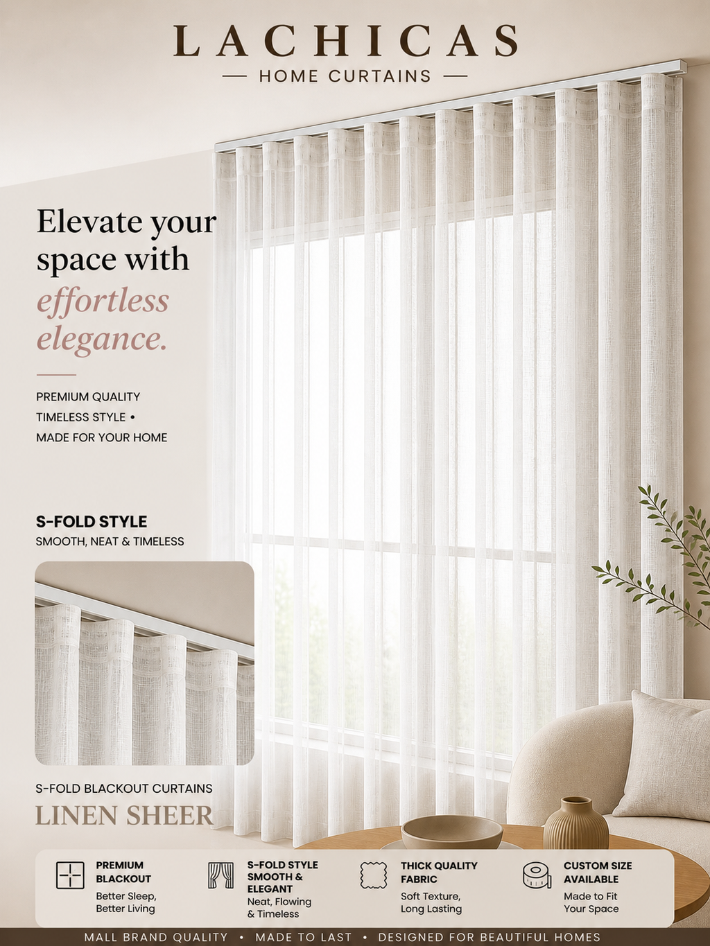 Premium S-Fold Button Type Blackout Curtains | Custom Size 6FT–10FT | Hotel Look Drapes | Thick Fabric | Living Room Bedroom Curtain | Lachicas Home Curtains