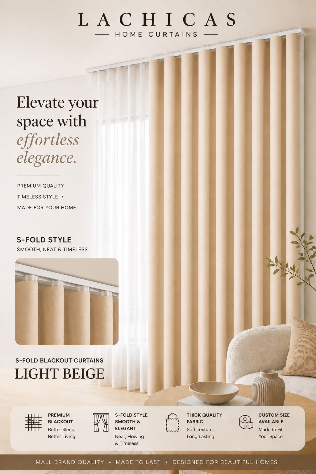Premium S-Fold Button Type Blackout Curtains | Custom Size 6FT–10FT | Hotel Look Drapes | Thick Fabric | Living Room Bedroom Curtain | Lachicas Home Curtains
