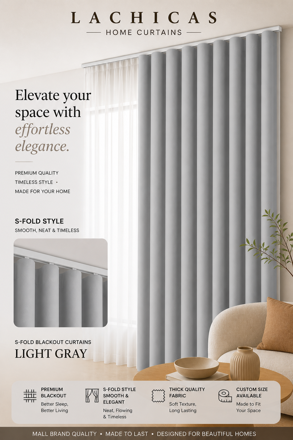 Premium S-Fold Button Type Blackout Curtains | Custom Size 6FT–10FT | Hotel Look Drapes | Thick Fabric | Living Room Bedroom Curtain | Lachicas Home Curtains