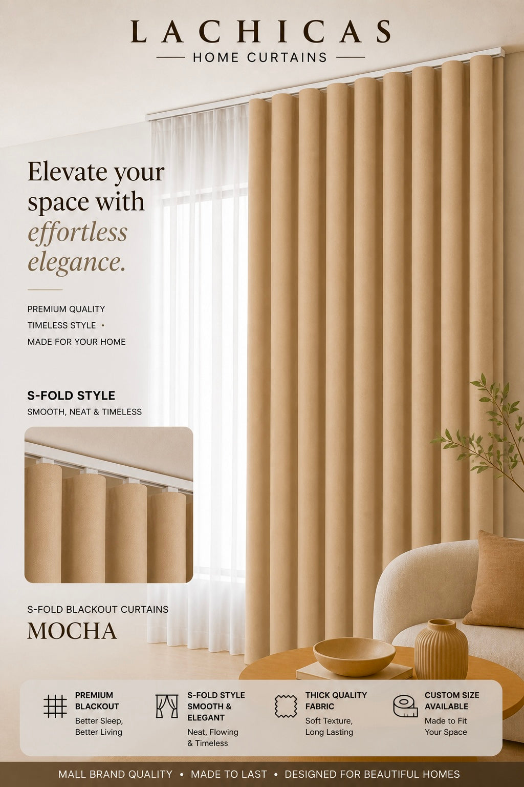 Premium S-Fold Button Type Blackout Curtains | Custom Size 6FT–10FT | Hotel Look Drapes | Thick Fabric | Living Room Bedroom Curtain | Lachicas Home Curtains