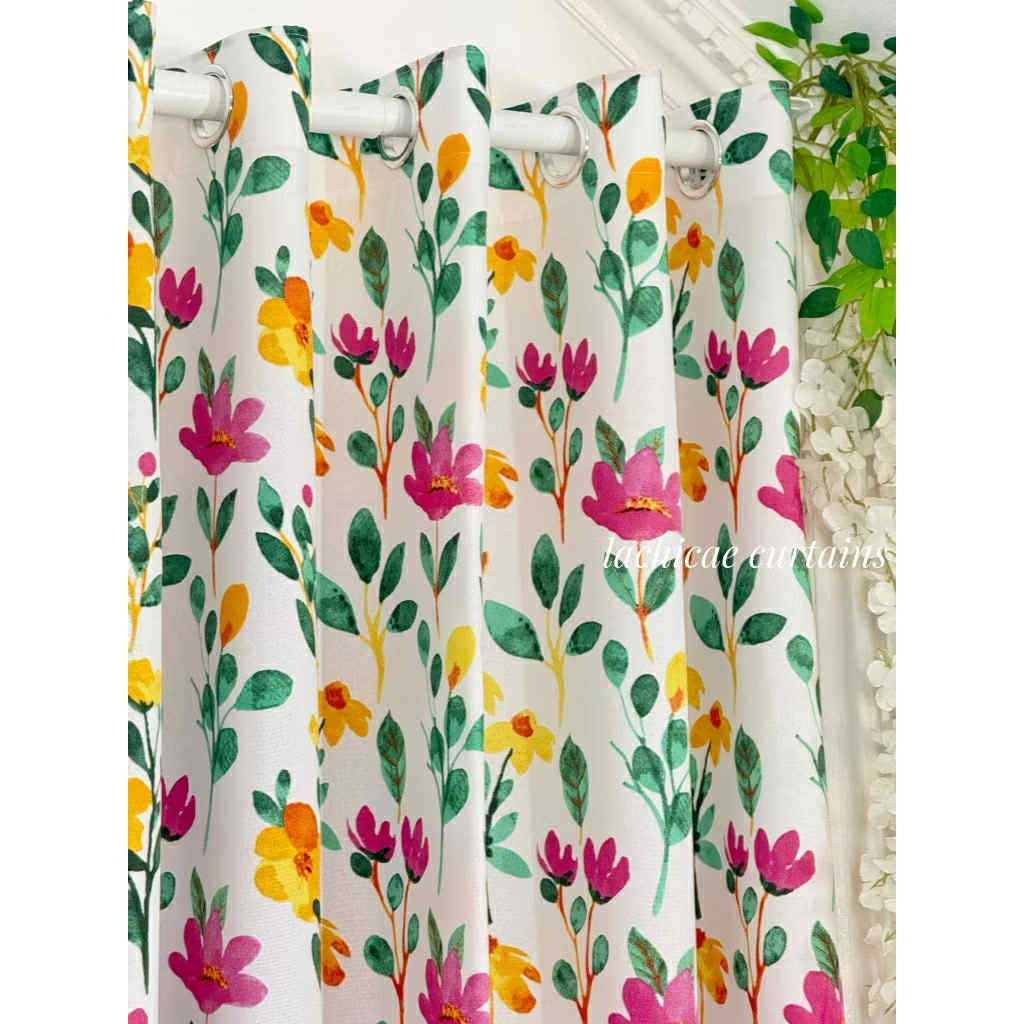NON BLOCKOUT Bloom Floral Print + Egg Yellow Plain Soft Fresh Modern Home Window 10 Ring Curtains