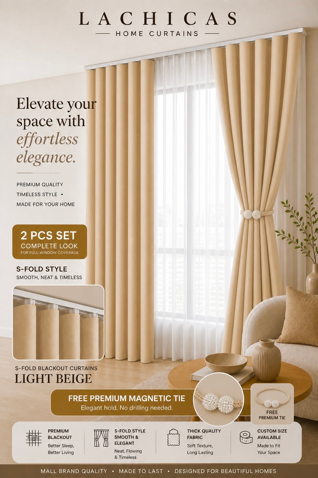 Premium S-Fold Button Type Blackout Curtains | Custom Size 6FT–10FT | Hotel Look Drapes | Thick Fabric | Living Room Bedroom Curtain | Lachicas Home Curtains