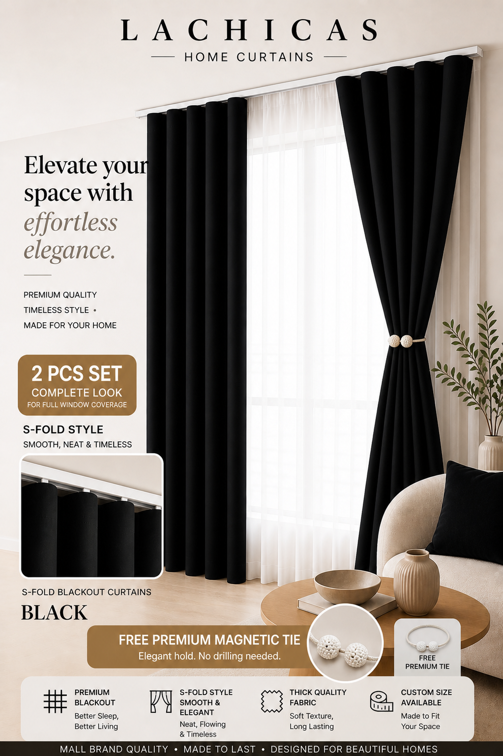 Premium S-Fold Button Type Blackout Curtains | Custom Size 6FT–10FT | Hotel Look Drapes | Thick Fabric | Living Room Bedroom Curtain | Lachicas Home Curtains
