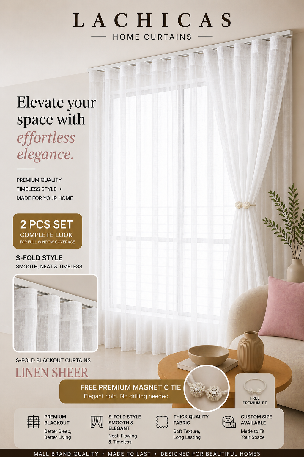 Premium S-Fold Button Type Blackout Curtains | Custom Size 6FT–10FT | Hotel Look Drapes | Thick Fabric | Living Room Bedroom Curtain | Lachicas Home Curtains
