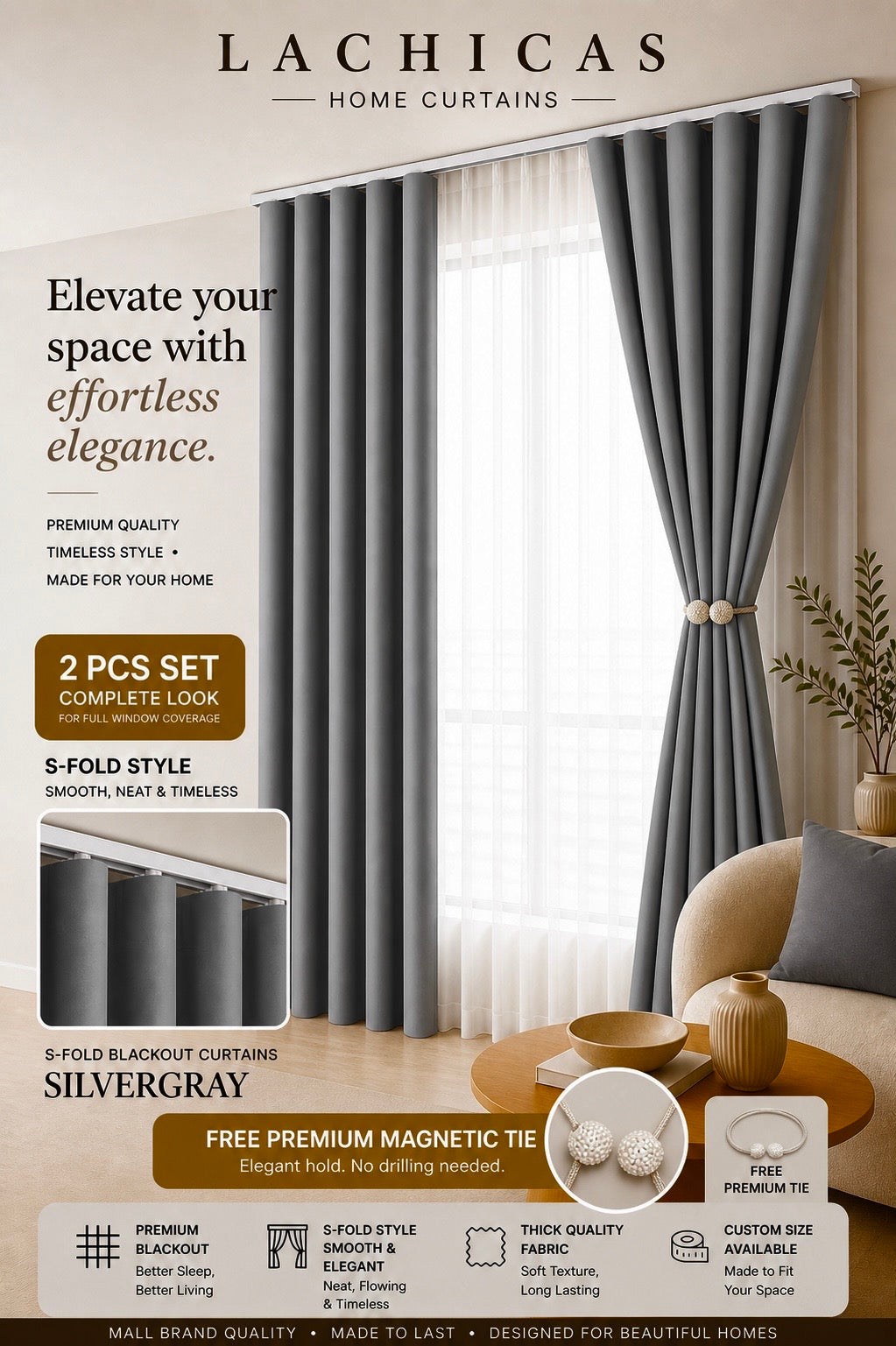 Premium S-Fold Button Type Blackout Curtains | Custom Size 6FT–10FT | Hotel Look Drapes | Thick Fabric | Living Room Bedroom Curtain | Lachicas Home Curtains