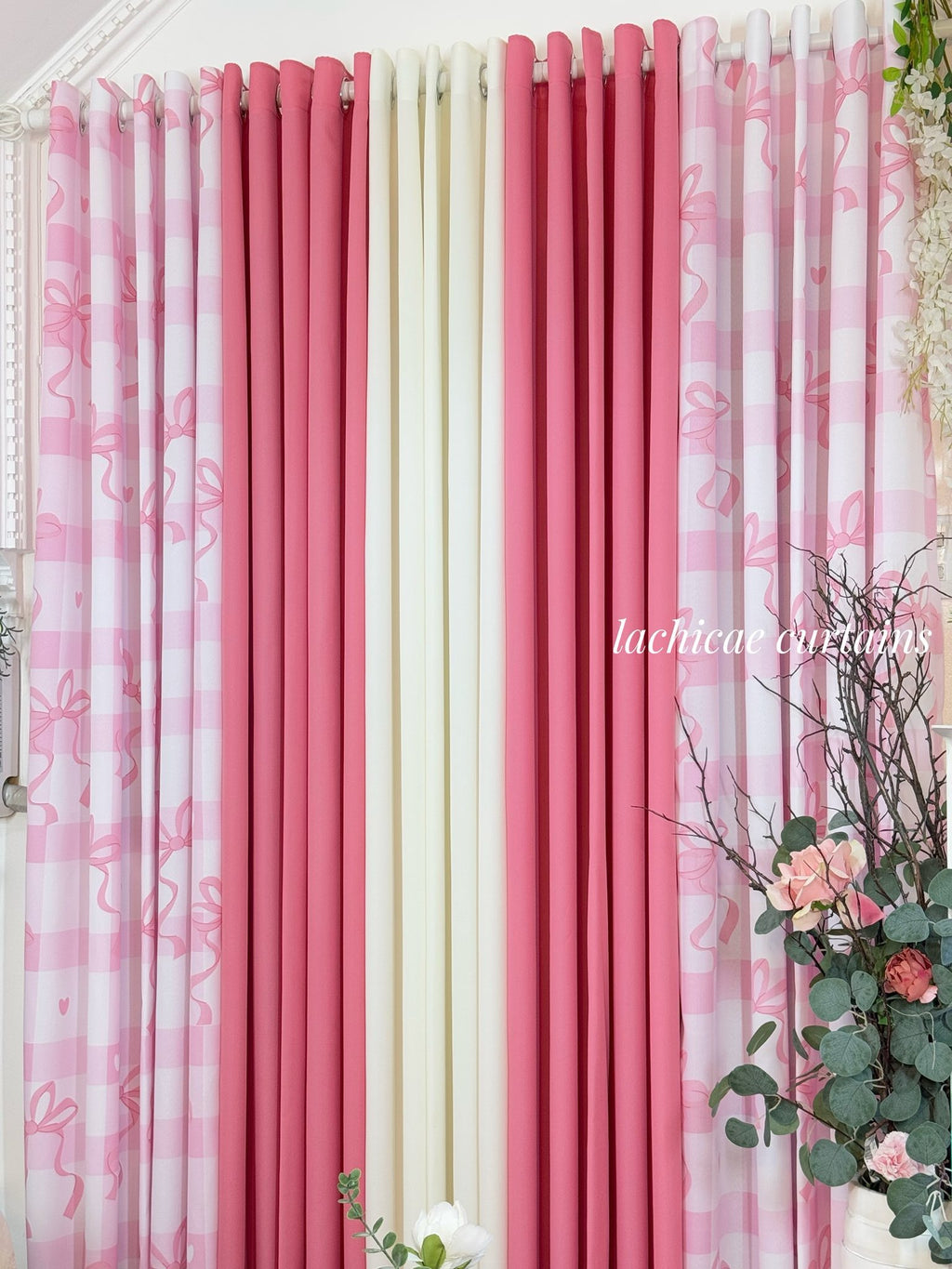 NON BLOCKOUT  Pink Coquette Ribbon Print + Old Rose