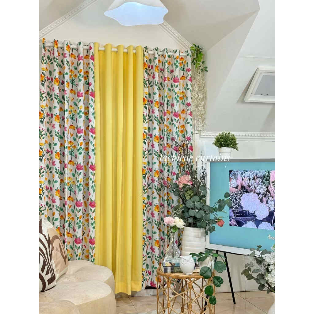 NON BLOCKOUT Bloom Floral Print + Egg Yellow Plain Soft Fresh Modern Home Window 10 Ring Curtains