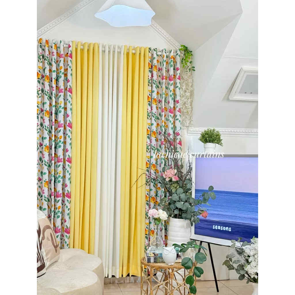 NON BLOCKOUT Bloom Floral Print + Egg Yellow Plain Soft Fresh Modern Home Window 10 Ring Curtains