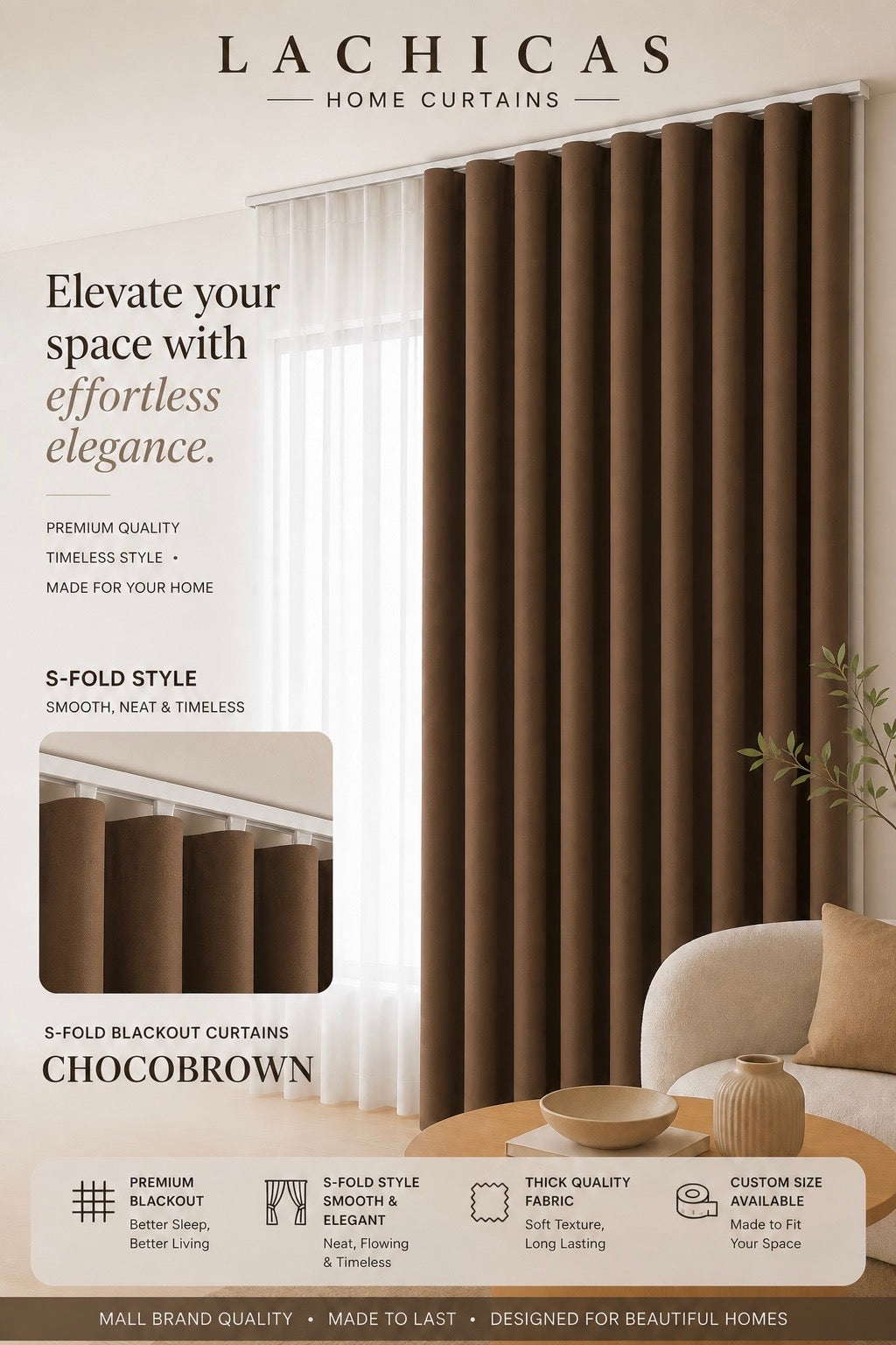 Premium S-Fold Button Type Blackout Curtains | Custom Size 6FT–10FT | Hotel Look Drapes | Thick Fabric | Living Room Bedroom Curtain | Lachicas Home Curtains