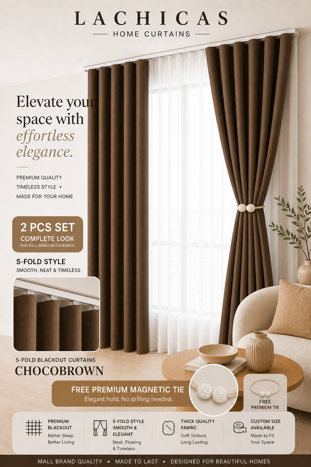 Premium S-Fold Button Type Blackout Curtains | Custom Size 6FT–10FT | Hotel Look Drapes | Thick Fabric | Living Room Bedroom Curtain | Lachicas Home Curtains