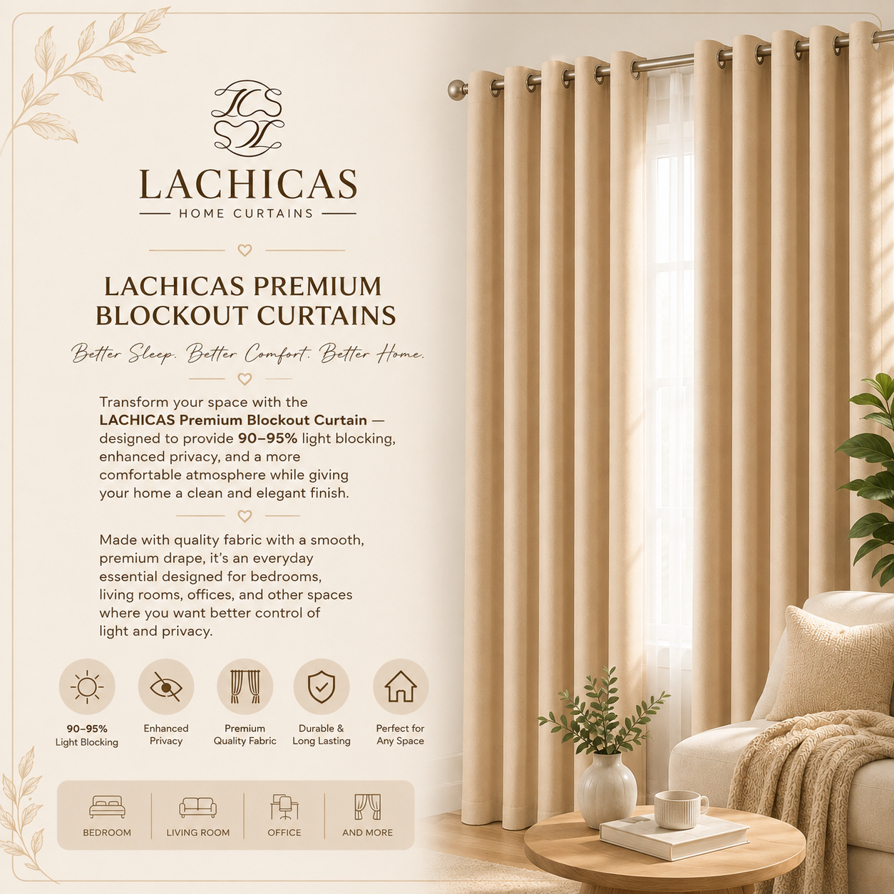 Premium Blockout Ring Curtains | Best Seller | Modern Bedroom & Window Drapes | 5ft-9ft | LACHICAS