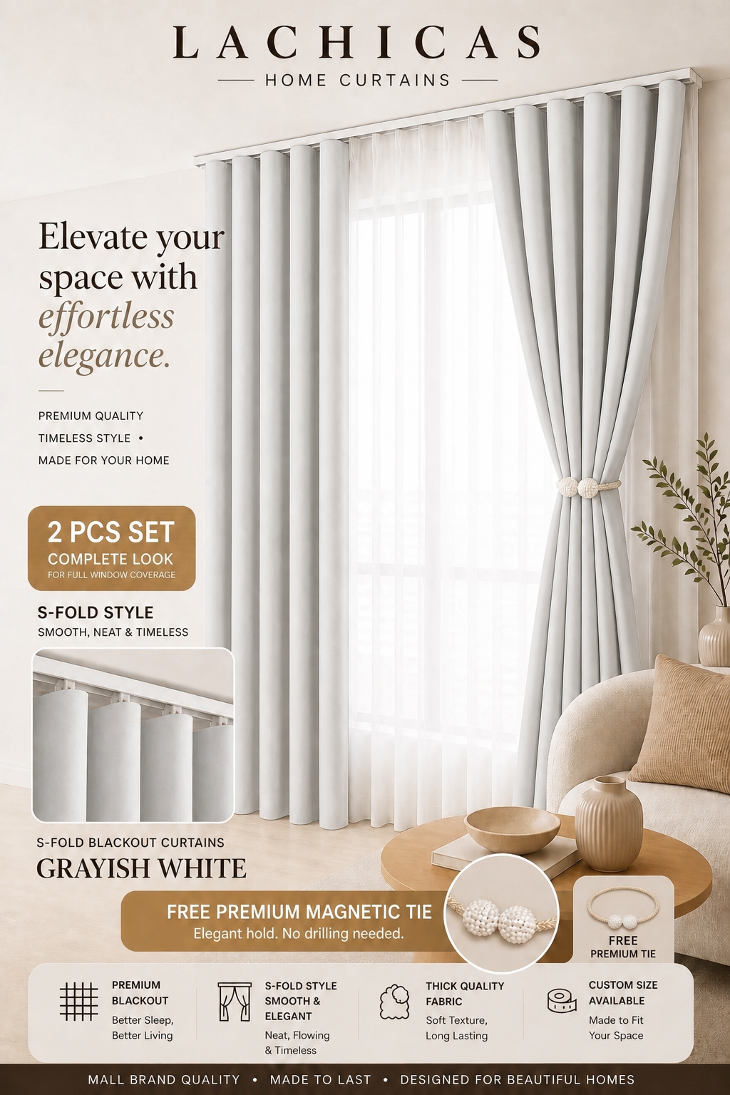 Premium S-Fold Button Type Blackout Curtains | Custom Size 6FT–10FT | Hotel Look Drapes | Thick Fabric | Living Room Bedroom Curtain | Lachicas Home Curtains