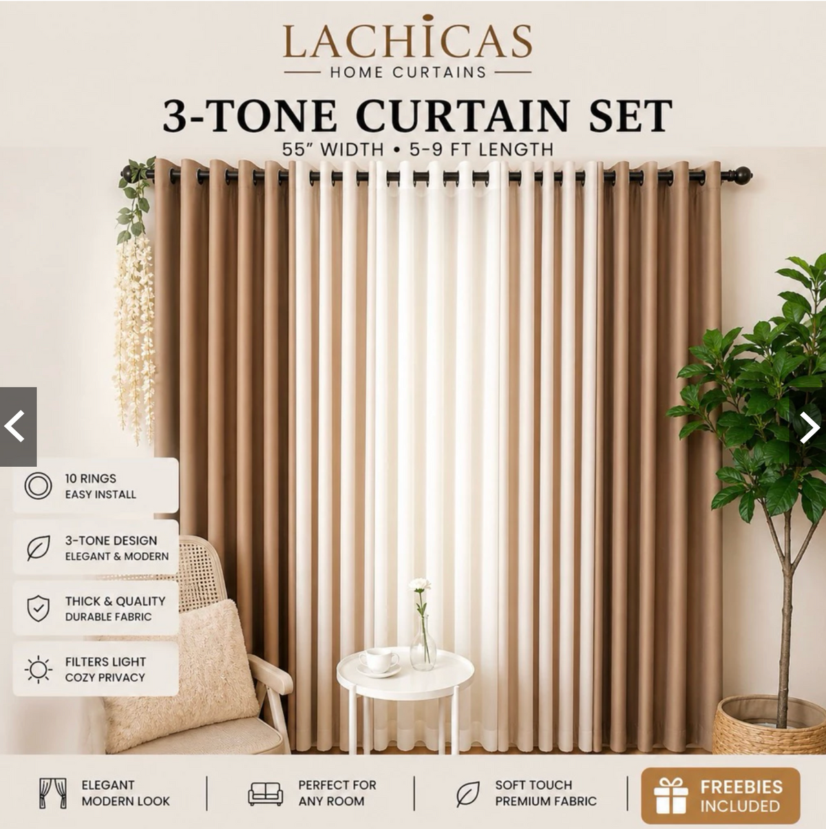 Three-Tone Plain Curtain Set | Neutral Color Palette | Non-Blockout | LACHICAS