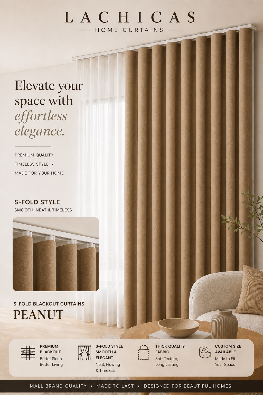 Premium S-Fold Button Type Blackout Curtains | Custom Size 6FT–10FT | Hotel Look Drapes | Thick Fabric | Living Room Bedroom Curtain | Lachicas Home Curtains