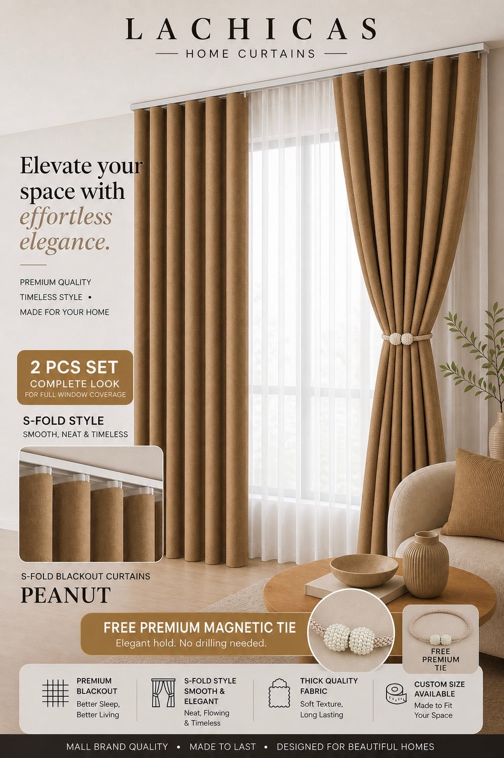 Premium S-Fold Button Type Blackout Curtains | Custom Size 6FT–10FT | Hotel Look Drapes | Thick Fabric | Living Room Bedroom Curtain | Lachicas Home Curtains