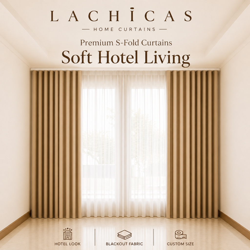 Premium S-Fold Button Type Blackout Curtains | Custom Size 6FT–10FT | Hotel Look Drapes | Thick Fabric | Living Room Bedroom Curtain | Lachicas Home Curtains