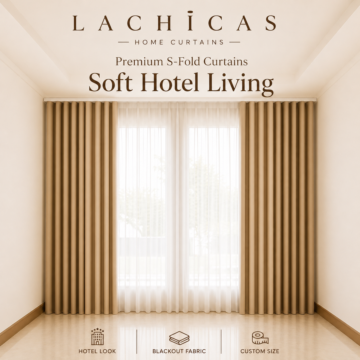 Premium S-Fold Button Type Blackout Curtains | Custom Size 6FT–10FT | Hotel Look Drapes | Thick Fabric | Living Room Bedroom Curtain | Lachicas Home Curtains