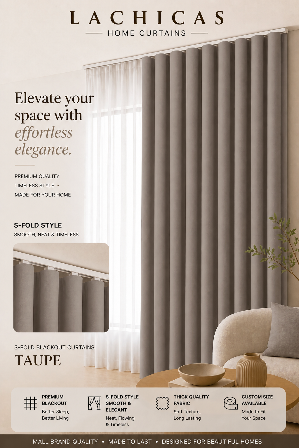 Premium S-Fold Button Type Blackout Curtains | Custom Size 6FT–10FT | Hotel Look Drapes | Thick Fabric | Living Room Bedroom Curtain | Lachicas Home Curtains
