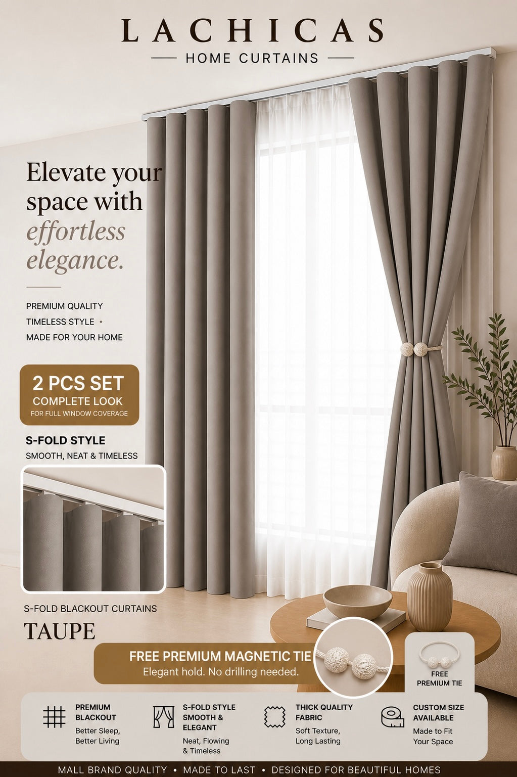 Premium S-Fold Button Type Blackout Curtains | Custom Size 6FT–10FT | Hotel Look Drapes | Thick Fabric | Living Room Bedroom Curtain | Lachicas Home Curtains
