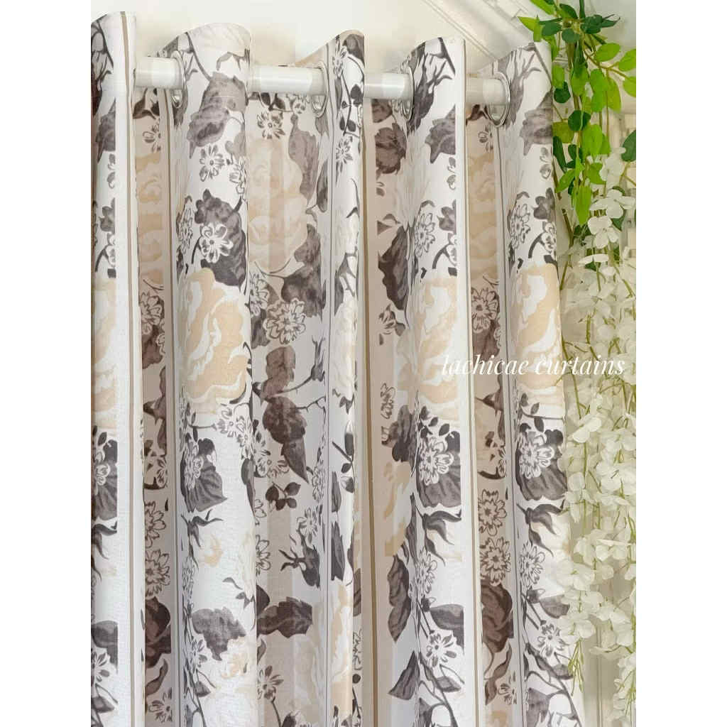 NON BLOCKOUT Calypso Vintage Print + Light Beige Classic Floral Modern Home Window 10 Ring Curtains