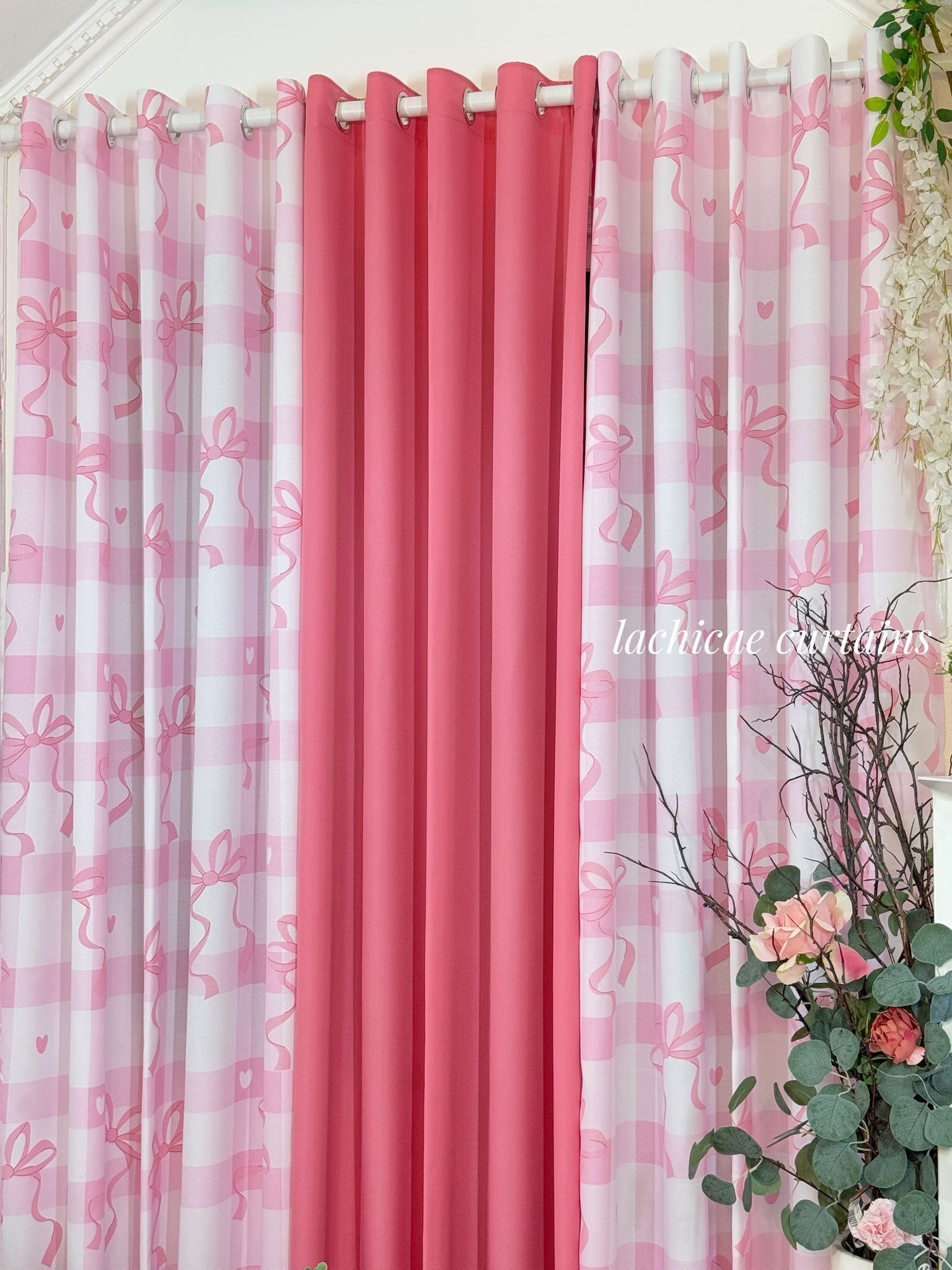 NON BLOCKOUT  Pink Coquette Ribbon Print + Old Rose