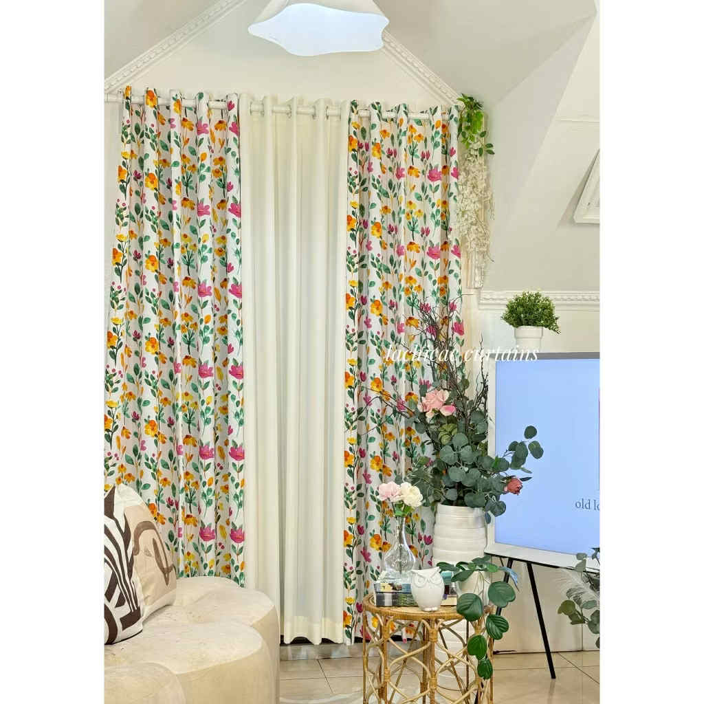 NON BLOCKOUT Bloom Floral Print + Egg Yellow Plain Soft Fresh Modern Home Window 10 Ring Curtains