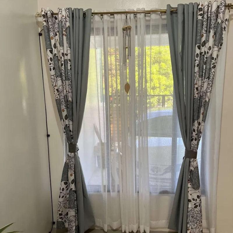 3in1&5in1 NON BLOCK OUT Print Camella Gray - Light Gray Modern Home Ring Curtains 5-9FT 10 Rings