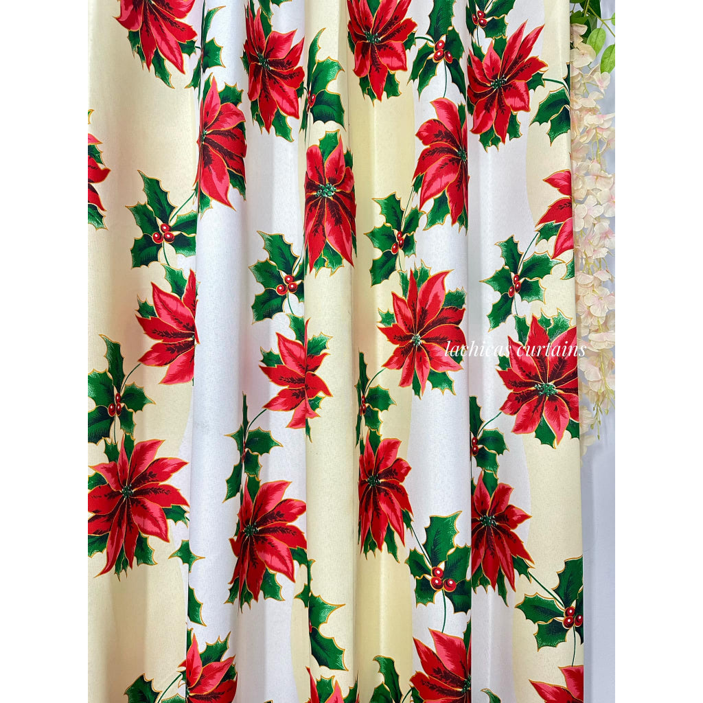 NON BLOCKOUT 3in1 & 5in1 Curtains Christmas Day Cream Red