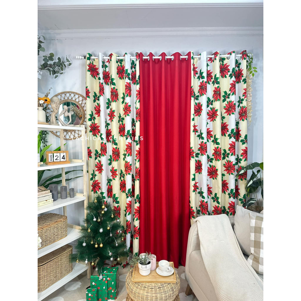 NON BLOCKOUT 3in1 & 5in1 Curtains Christmas Day Cream Red