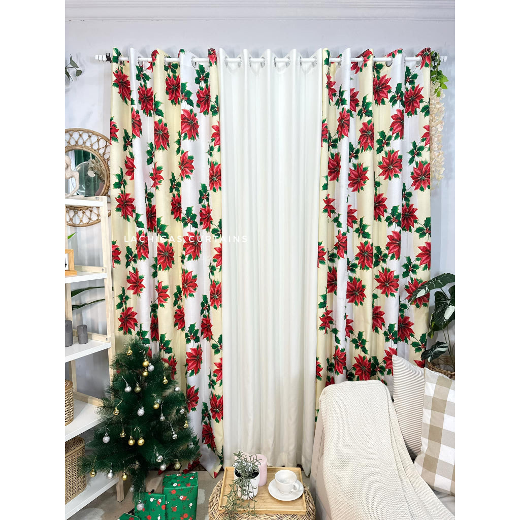 NON BLOCKOUT Holiday Christmas Day Cream Beige 3in1 & 5in1 Curtains 7ft/8ft Length 10 Rings