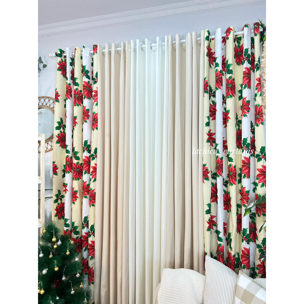 NON BLOCKOUT Holiday Christmas Day Cream Beige 3in1 & 5in1 Curtains 7ft/8ft Length 10 Rings