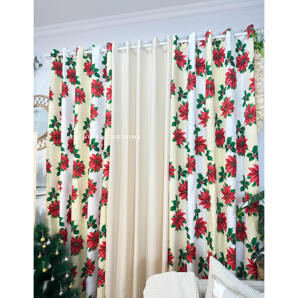 NON BLOCKOUT Holiday Christmas Day Cream Beige 3in1 & 5in1 Curtains 7ft/8ft Length 10 Rings