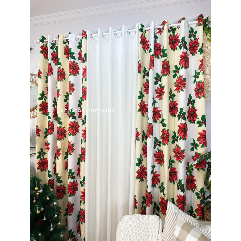 NON BLOCKOUT Holiday Christmas Day Cream Beige 3in1 & 5in1 Curtains 7ft/8ft Length 10 Rings