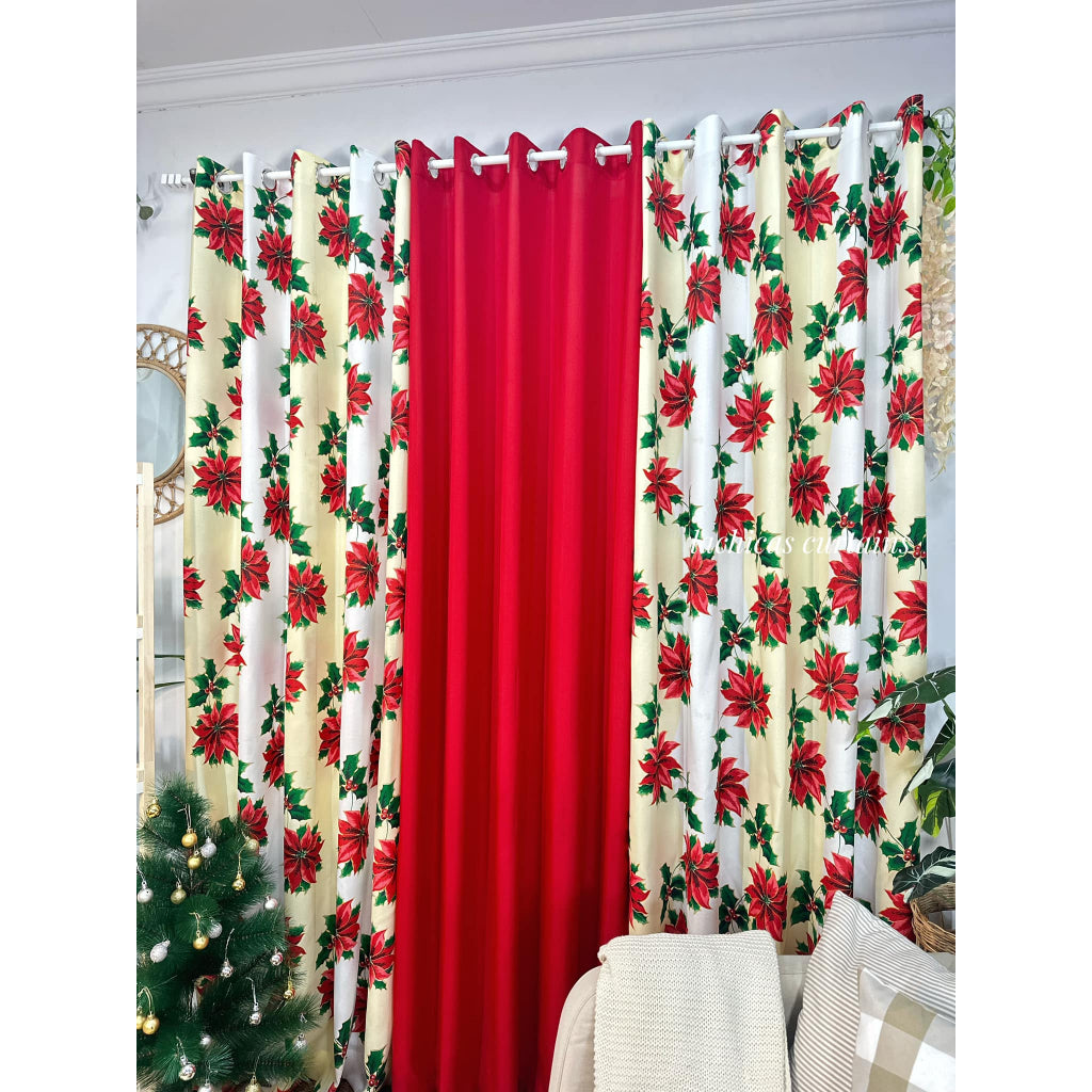 NON BLOCKOUT 3in1 & 5in1 Curtains Christmas Day Cream Red