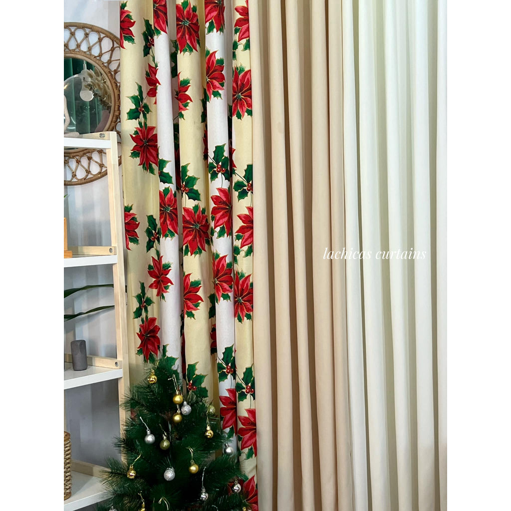 NON BLOCKOUT Holiday Christmas Day Cream Beige 3in1 & 5in1 Curtains 7ft/8ft Length 10 Rings