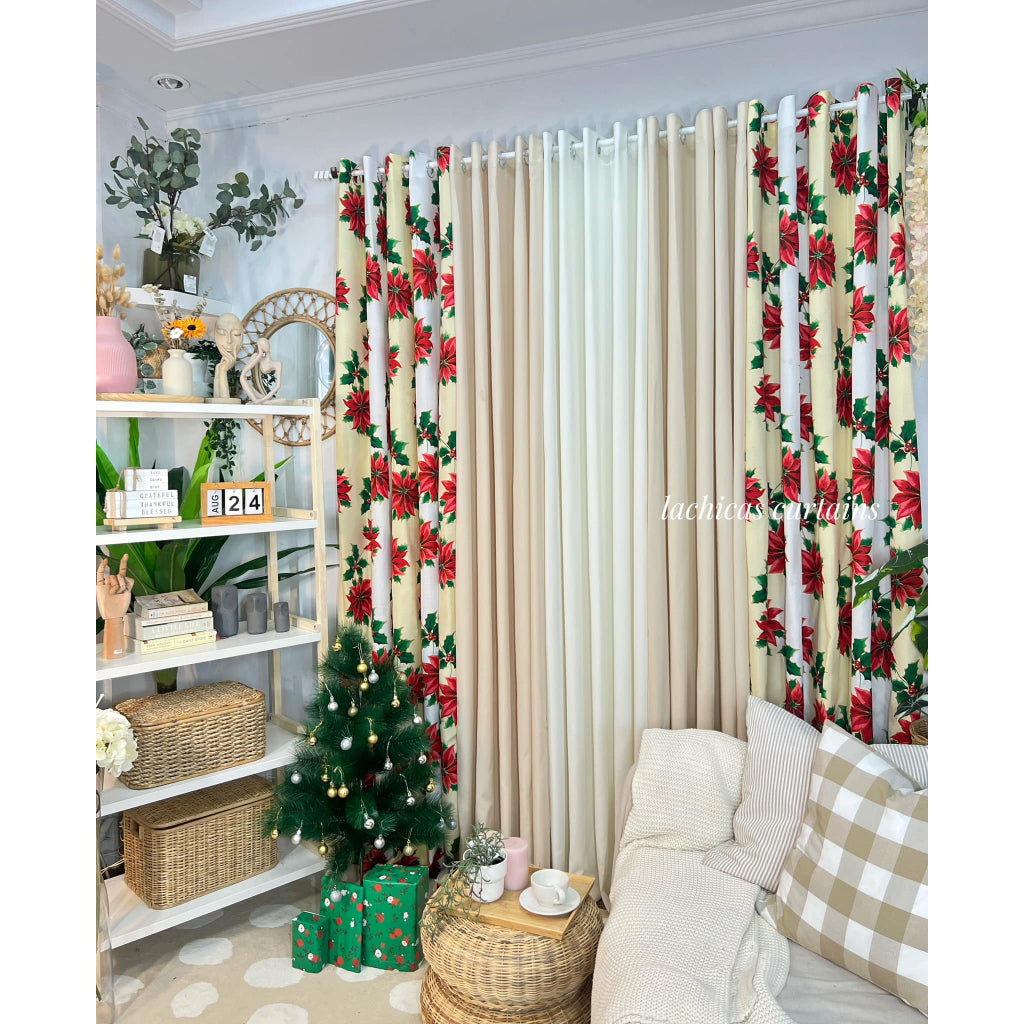 NON BLOCKOUT Holiday Christmas Day Cream Beige 3in1 & 5in1 Curtains 7ft/8ft Length 10 Rings