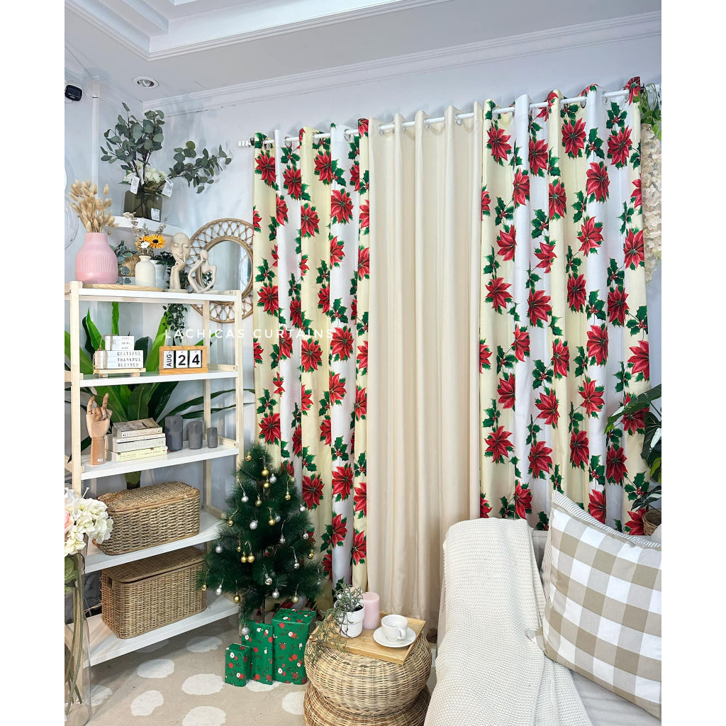 NON BLOCKOUT Holiday Christmas Day Cream Beige 3in1 & 5in1 Curtains 7ft/8ft Length 10 Rings