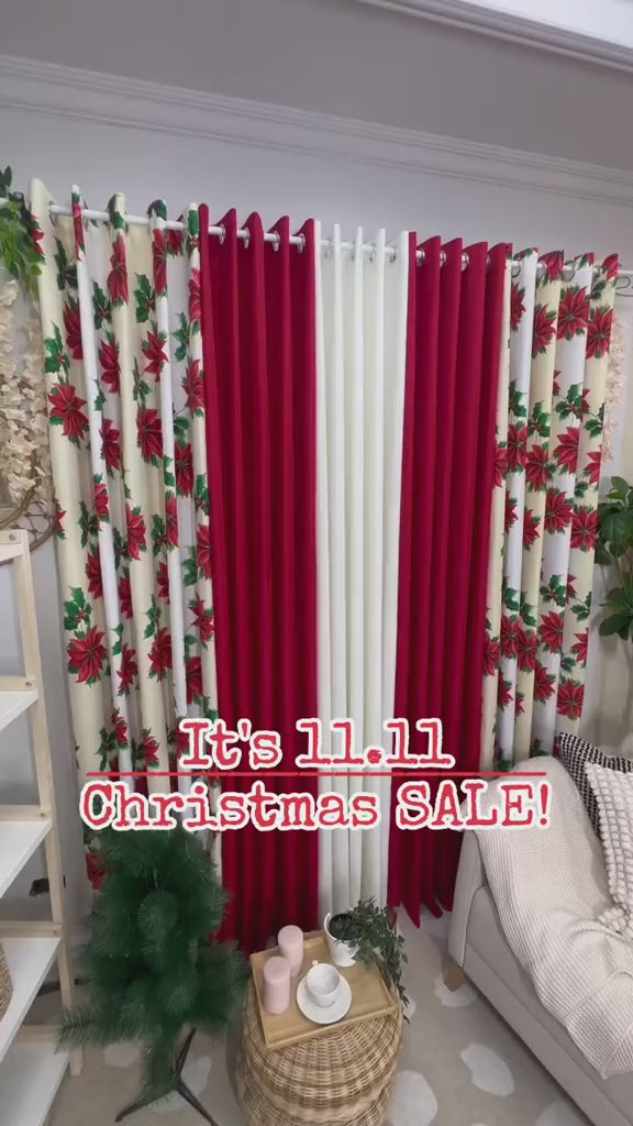 Christmas Day Cream & Plain Red Curtain Panel | Per Piece | Non-Blackout